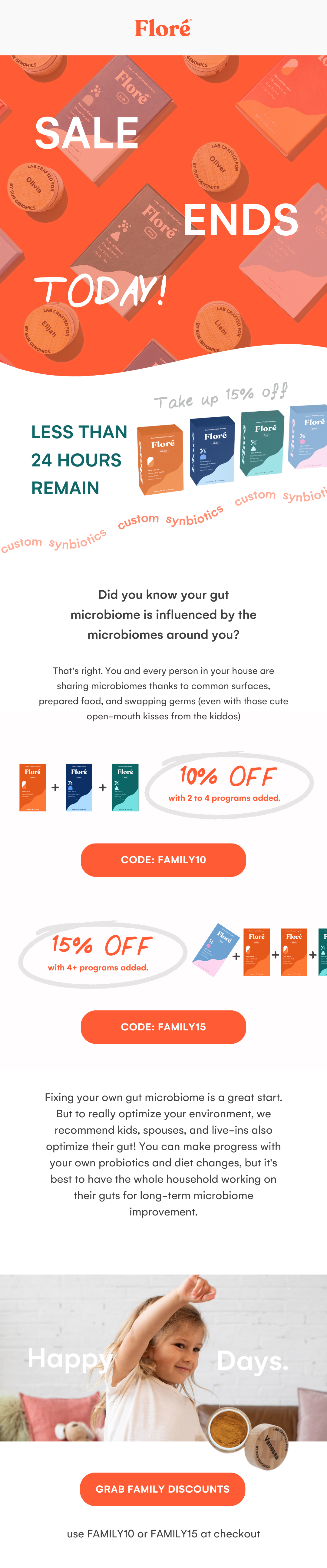 SALE ENDS TODAY LESS THAN 24 HOURS REMAIN Take up 15% offDid you know your gut microbiome is influenced by the microbiomes around you? That’s right. You and every person in your house are sharing microbiomes thanks to common surfaces, prepared food, and swapping germs (even with those cute open-mouth kisses from the kiddos) CODE: FAMILY10 15% OFF Fixing your own gut microbiome is a great start. But to really optimize your environment, we recommend kids, spouses, and live-ins also optimize their gut! You can make progress with your own probiotics and diet changes, but it's best to have the whole household working on their guts for long-term microbiome improvement. Happy Days.GRAB FAMILY DISCOUNTS use FAMILY10 or FAMILY15 at checkout 